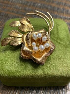 Vintage 12k Gold Filled Rhinestone Rose and Pearl PPC Brooch Pin